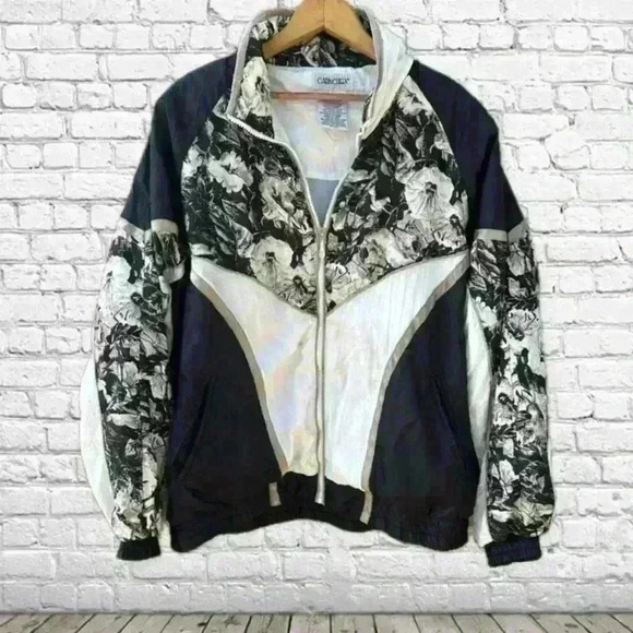 Vintage 1980s Cabin Creek Black/Cream Floral Detail  Zip Up Bomber Jacket Size L - Picture 1 of 6